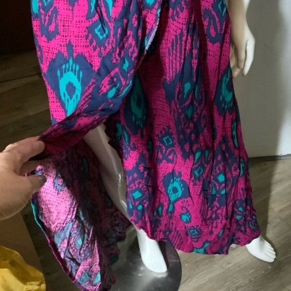 Vintage maxi sundress cap shoulder shirred  top printed Ikat dress large boho - Picture 3 of 4